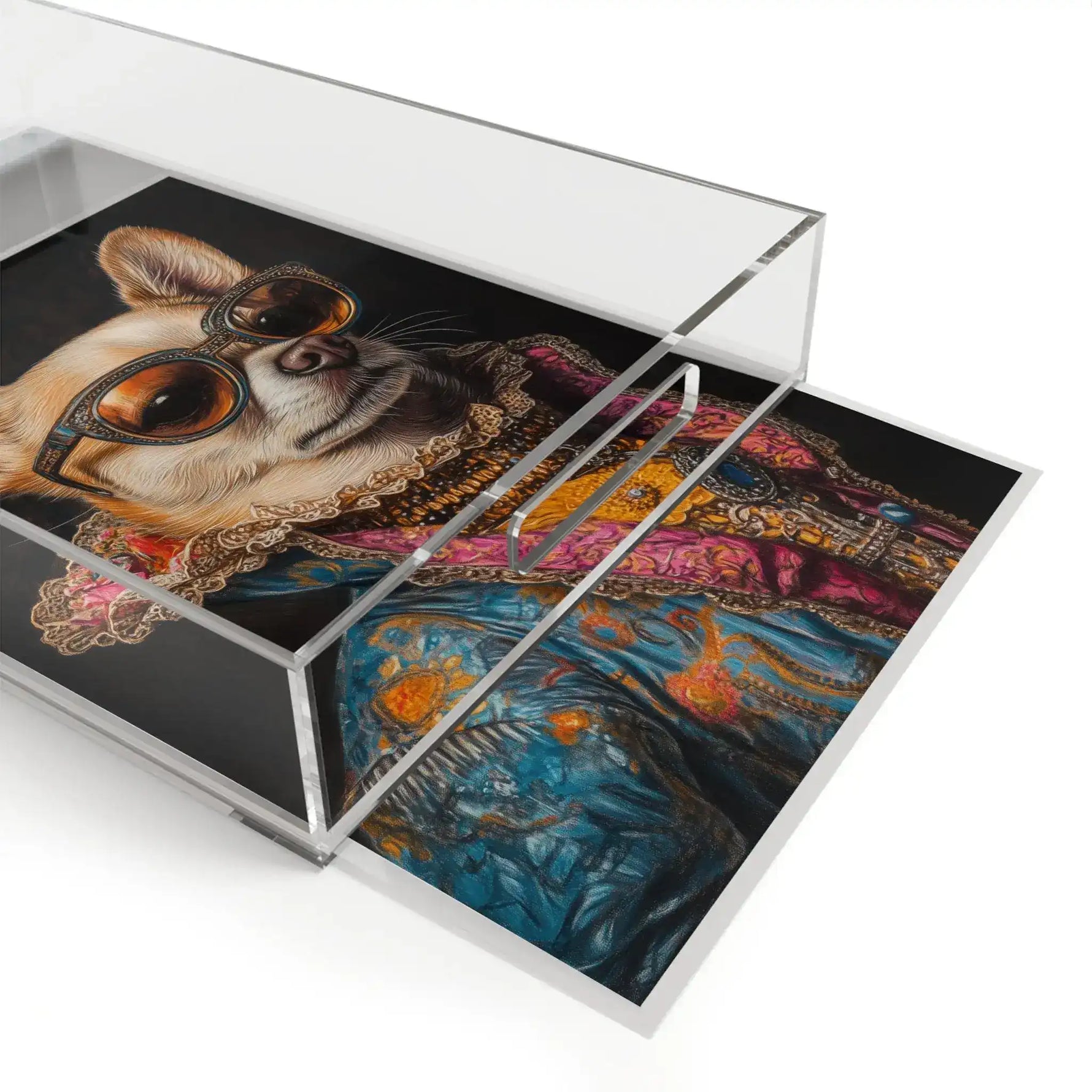 Regal Renaissance Chihuahua Luxe Fashion acrylic tray lid partially removed at angle showing richly colored baroque dog portrait