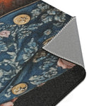Corner fold detail of Regal Renaissance Pup Couture Dog Art Accent Rug with blue floral brocade gold coin buttons and grey anti-slip backing
