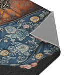 Corner fold of Regal Renaissance Pup Couture Dog Art Accent Rug revealing blue floral brocade jacket with gold coin buttons and grey anti-slip backing