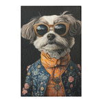 Regal white dog portrait with gold sunglasses blue rose-embroidered baroque coat and lace collar on Regal Renaissance Pup Couture Dog Art Accent Rug
