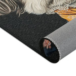 Rolled edge of Regal Renaissance Pup Couture Dog Art Accent Rug showing dark fabric with white dog fur and lace cravat detail and grey backing