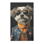 Portrait of fluffy white dog wearing gold-frame sunglasses blue floral brocade jacket with lace cravat pendant on Regal Renaissance Pup Couture Dog Art Accent Rug