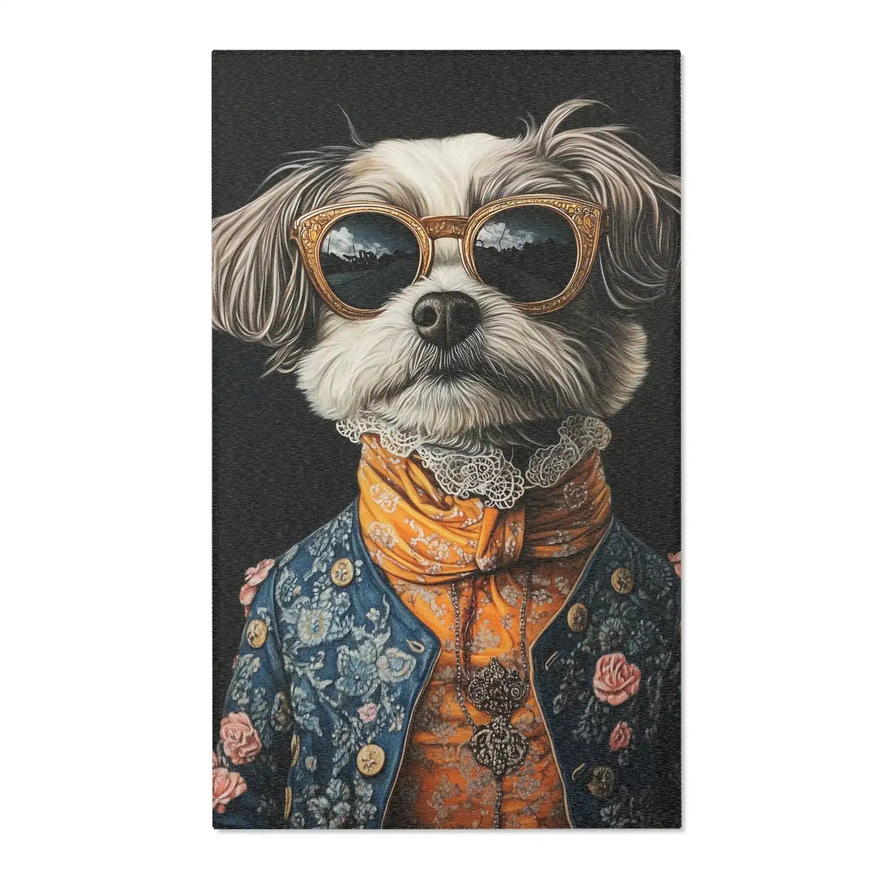 Portrait of fluffy white dog wearing gold-frame sunglasses blue floral brocade jacket with lace cravat pendant on Regal Renaissance Pup Couture Dog Art Accent Rug