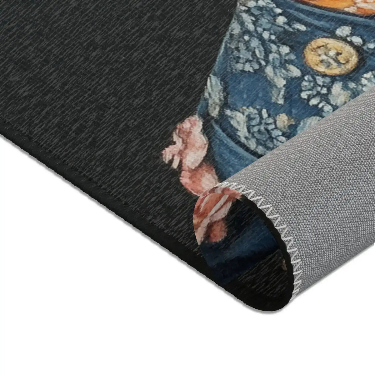 Rolled corner of Regal Renaissance Pup Couture Dog Art Accent Rug showing dark charcoal face blue brocade jacket detail and grey backing