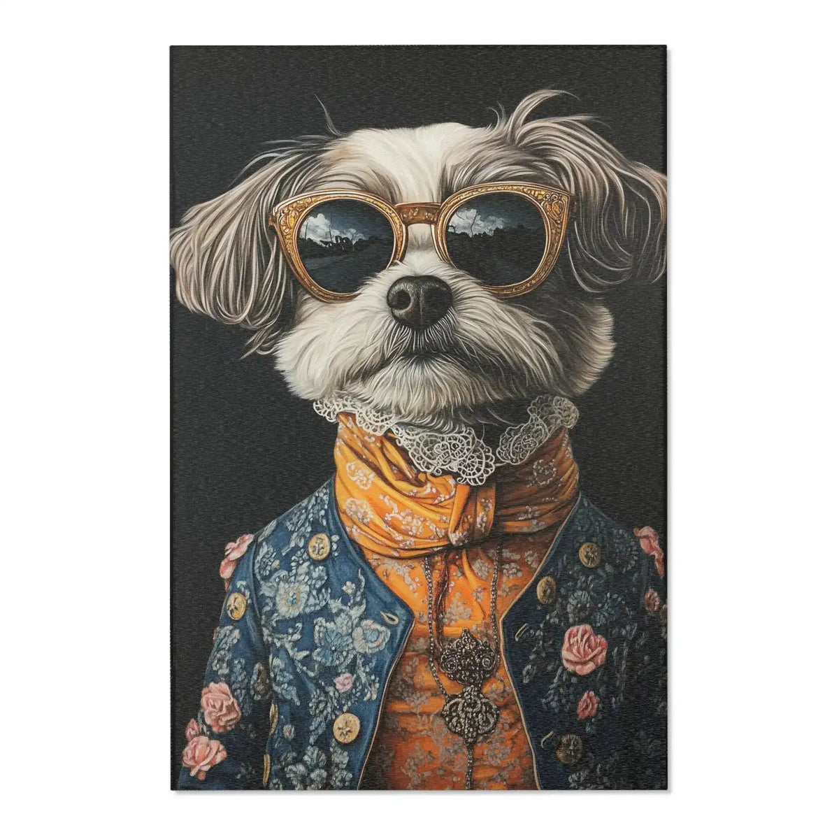 White fluffy dog wearing ornate gold-rim glasses orange scarf and blue brocade coat on Regal Renaissance Pup Couture Dog Art Accent Rug