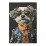 White fluffy dog wearing ornate gold-rim glasses orange scarf and blue brocade coat on Regal Renaissance Pup Couture Dog Art Accent Rug
