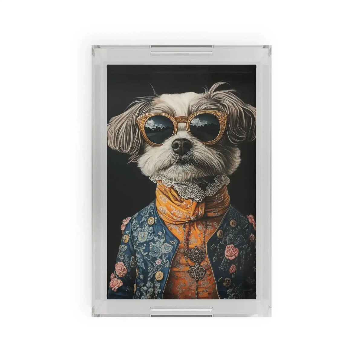 Regal Renaissance Pup Couture Dog Art Serving Tray white fluffy dog in gold sunglasses blue brocade jacket on black