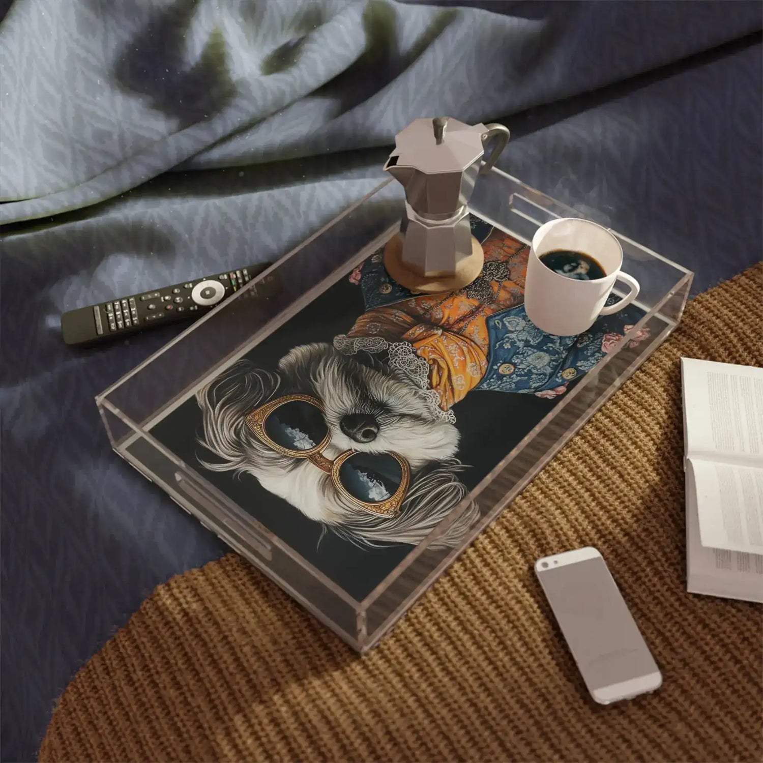 Regal Renaissance Pup Couture Dog Art Serving Tray styled on coffee table with moka pot and coffee cup