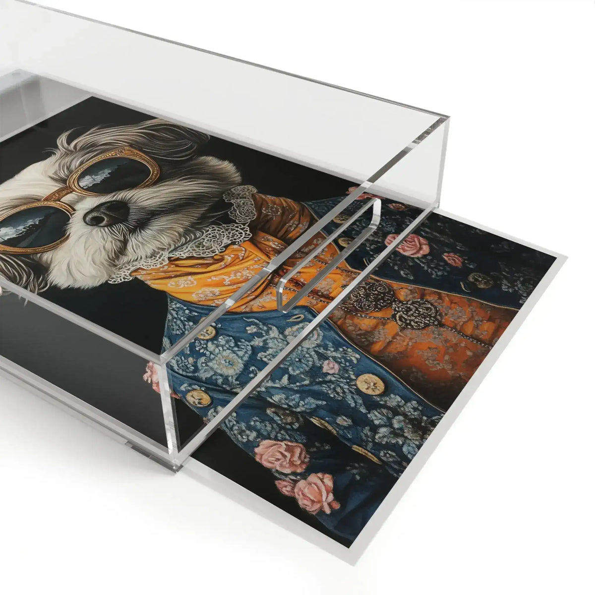 Regal Renaissance Pup Couture Dog Art Serving Tray angled clear acrylic side view dressed dog portrait on black