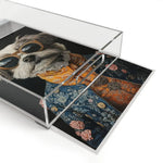 Regal Renaissance Pup Couture Dog Art Serving Tray angled clear acrylic side view dressed dog portrait on black