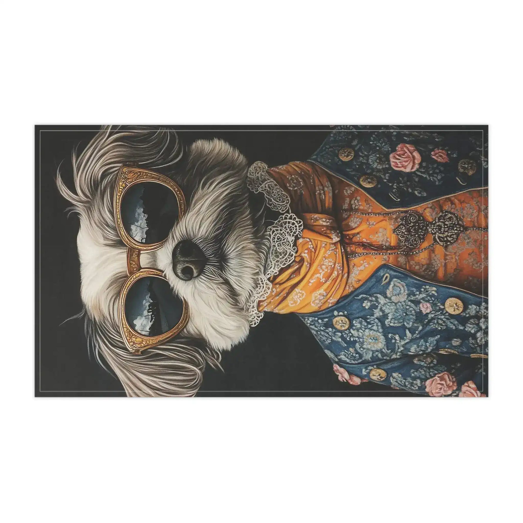 Regal Renaissance Pup Couture Dog Art Cotton Kitchen Towel showing rolled corner revealing grey backing and dark orange couture pattern