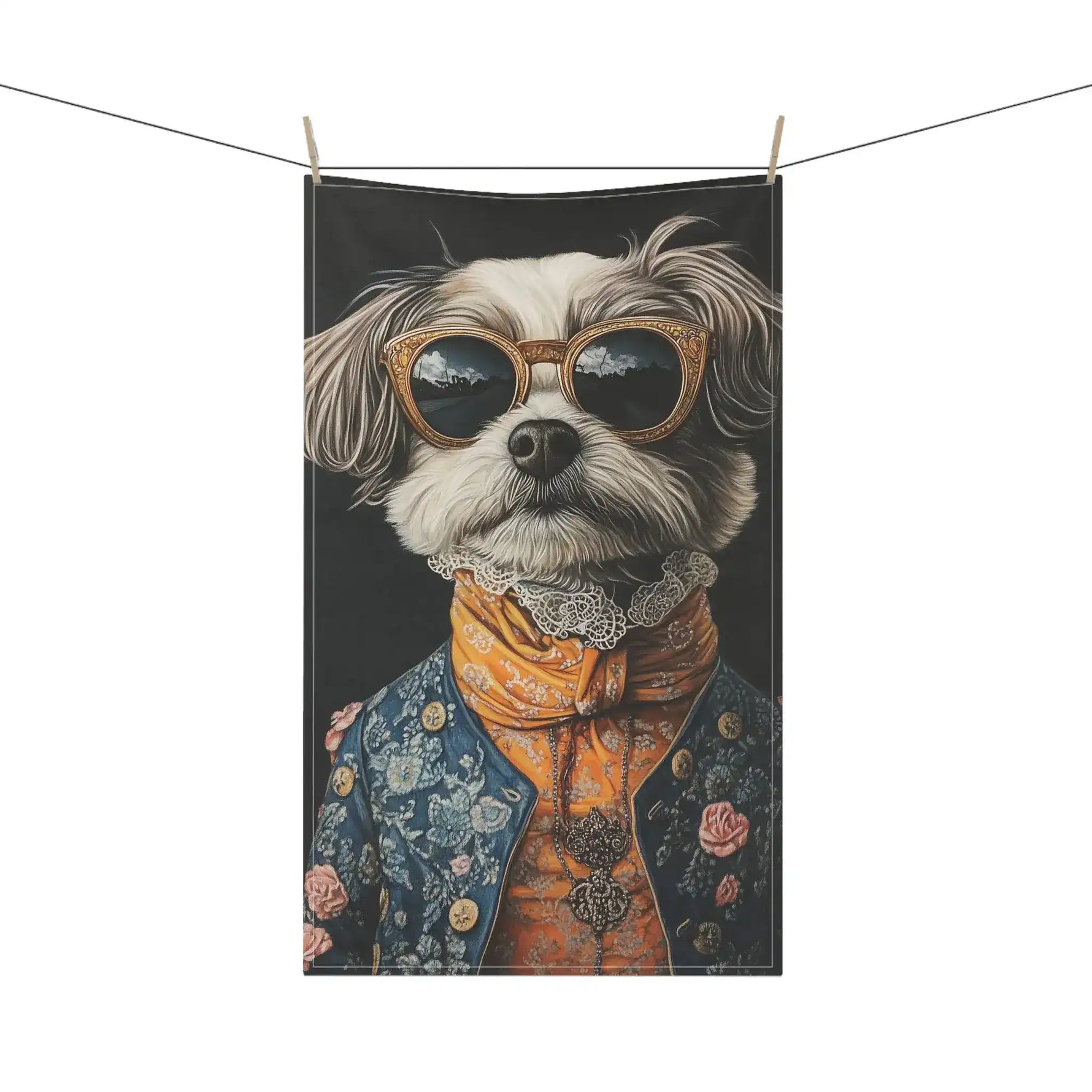 Regal Renaissance Pup Couture Dog Art Cotton Kitchen Towel hanging on clothesline, fluffy dog in floral blue jacket and gold sunglasses on dark background