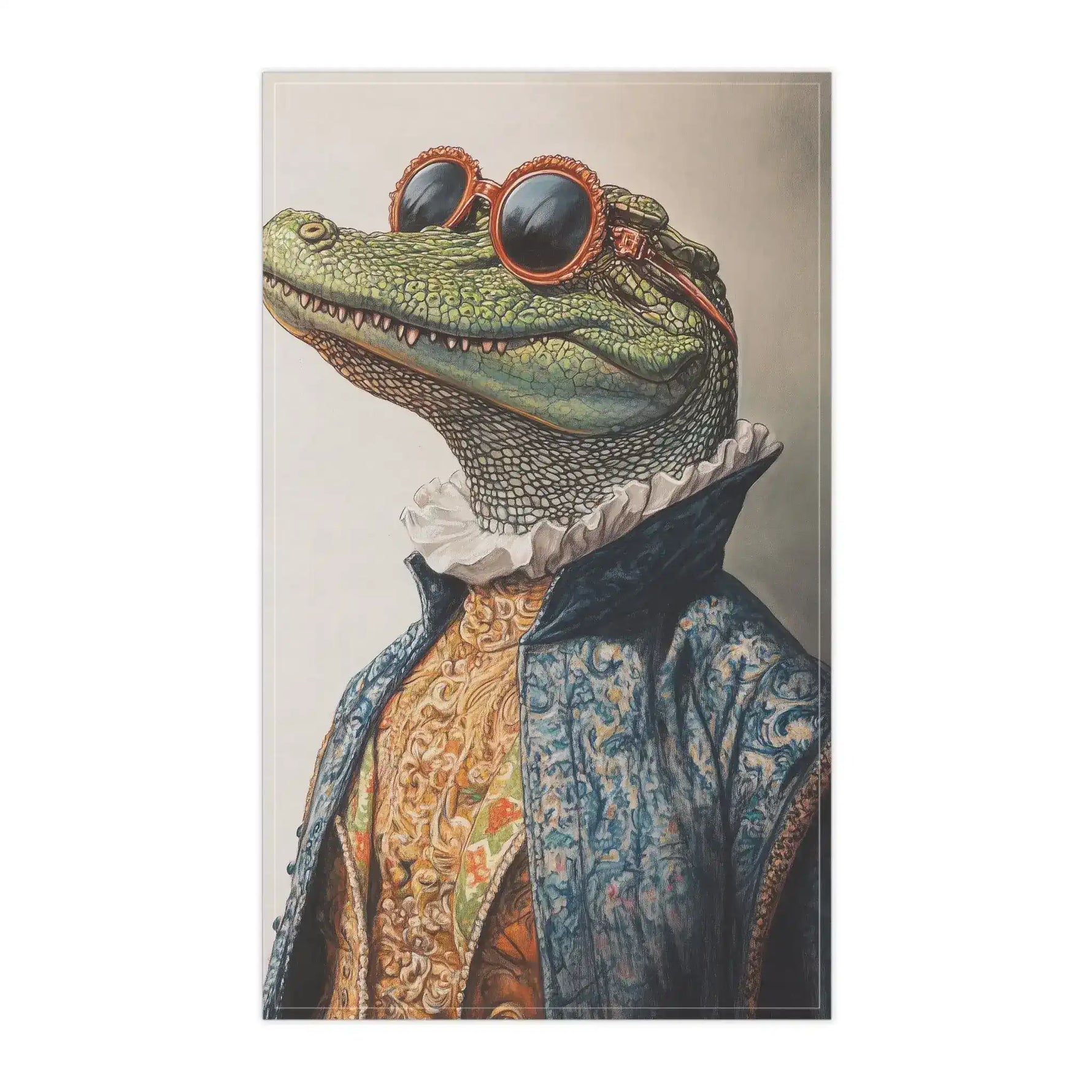 Cotton kitchen towel aristocratic crocodile in blue baroque coat round red sunglasses ruffled collar