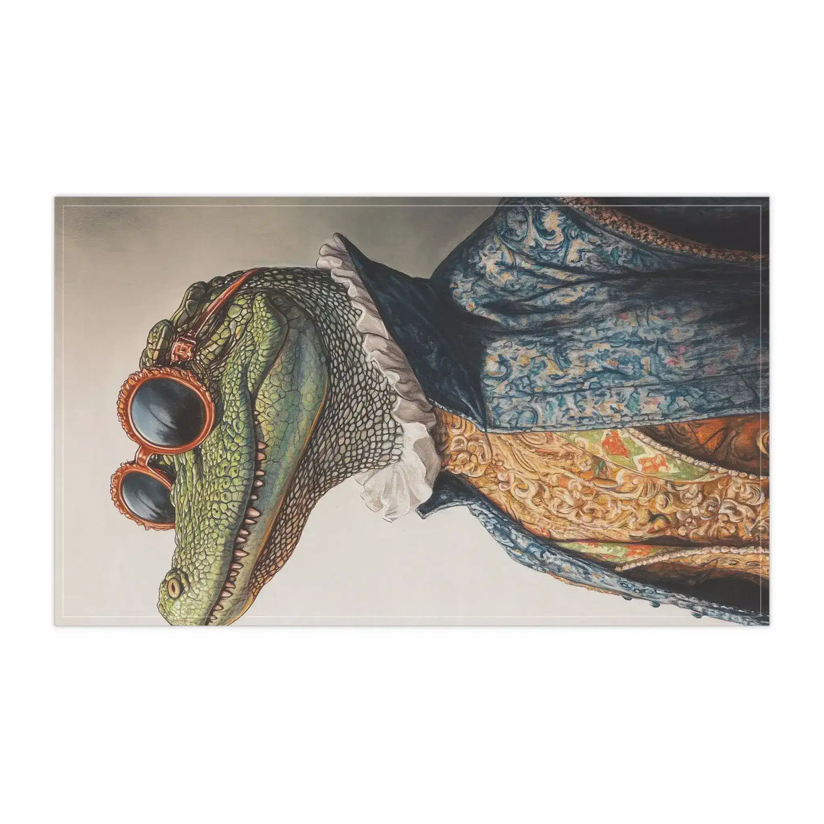 Kitchen towel close-up horizontal regal crocodile in baroque blue coat red round sunglasses pale background