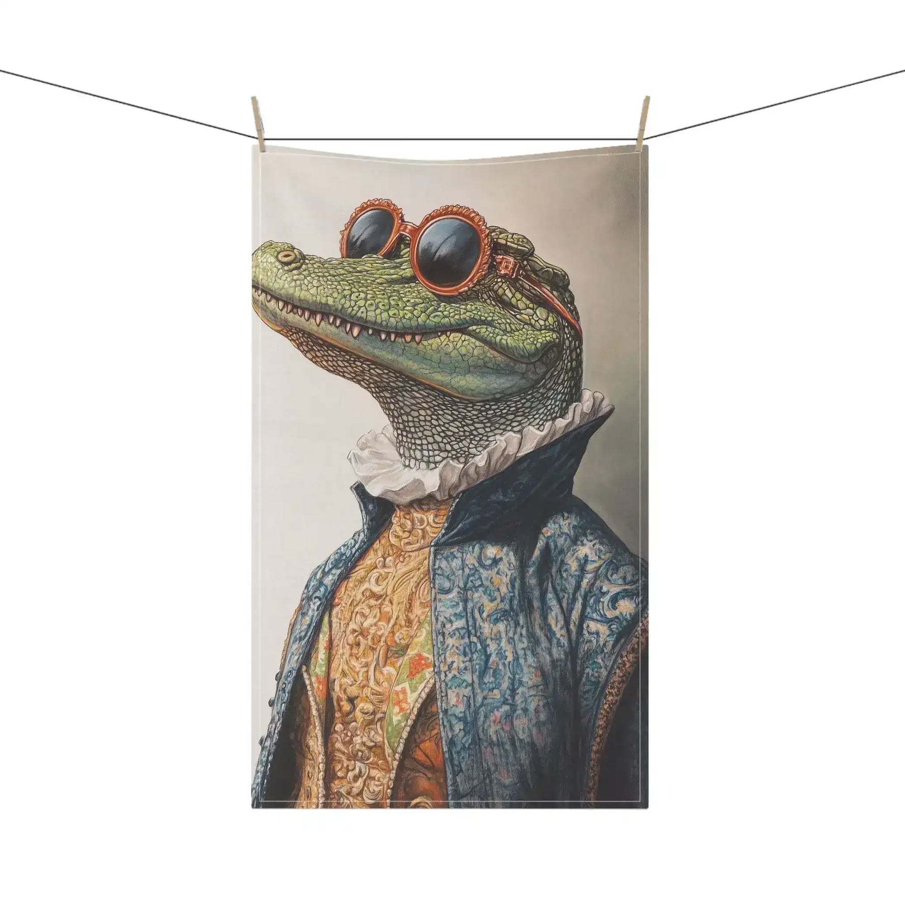 Regal Reptile Renaissance cotton kitchen towel full portrait crocodile baroque coat sunglasses hanging