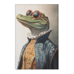 Flat view of Regal Reptile Renaissance Rug printed with baroque crocodile portrait in embroidered coat and round sunglasses