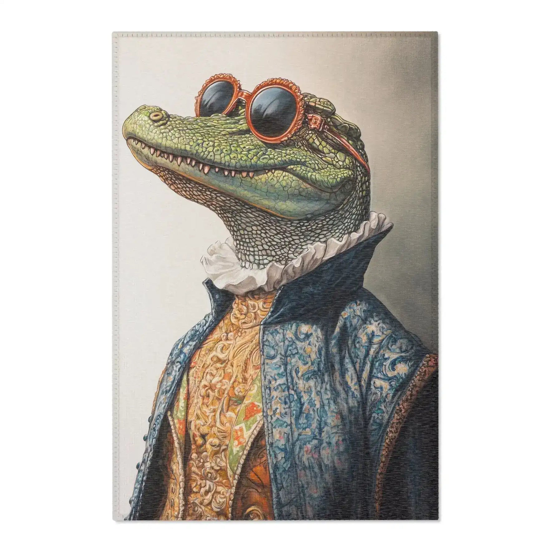 Flat view of Regal Reptile Renaissance Rug printed with baroque crocodile portrait in embroidered coat and round sunglasses