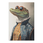 Full flat lay of Regal Reptile Renaissance Rug featuring crocodile in baroque coat and round sunglasses on beige ground