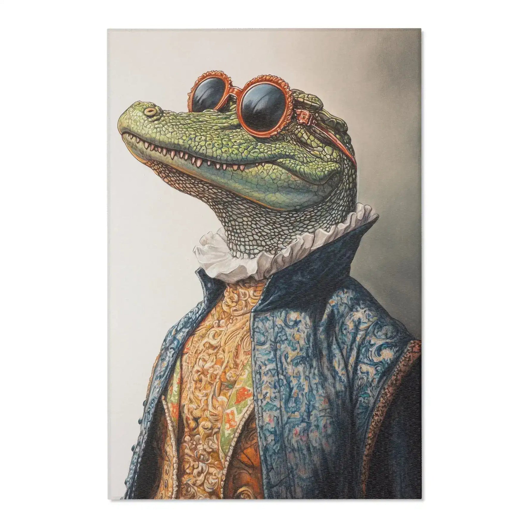 Full flat lay of Regal Reptile Renaissance Rug featuring crocodile in baroque coat and round sunglasses on beige ground