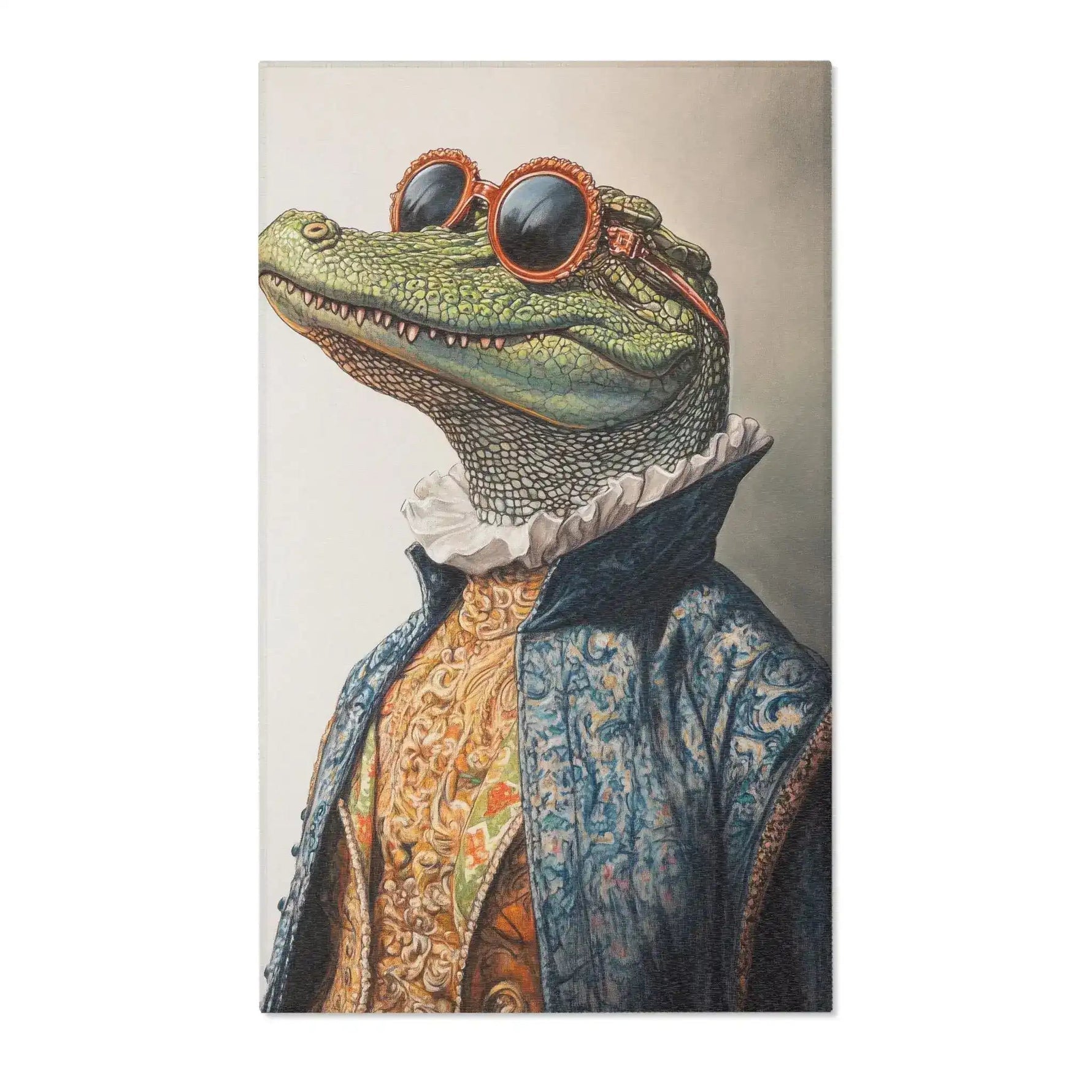 Maximalist illustrated interior with pink sofa navy blue walls and Regal Reptile Renaissance Rug on floor in room setting