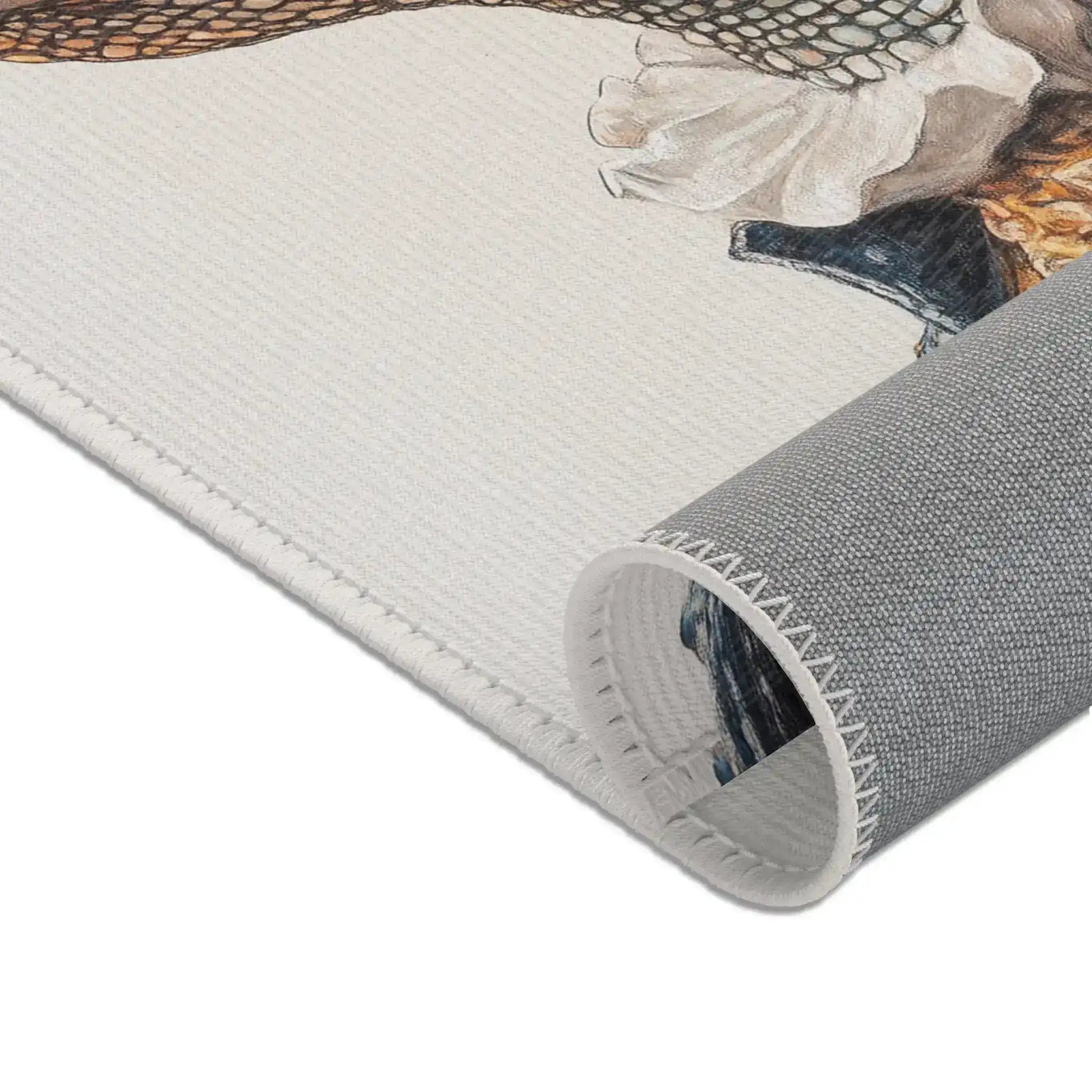 Rolled corner of Regal Reptile Renaissance Rug showing off-white face side with colored baroque portrait print and gray backing