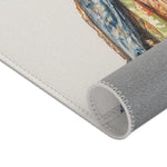 Rolled edge corner of Regal Reptile Renaissance Rug showing cream face side with vibrant colorful print visible and gray backing
