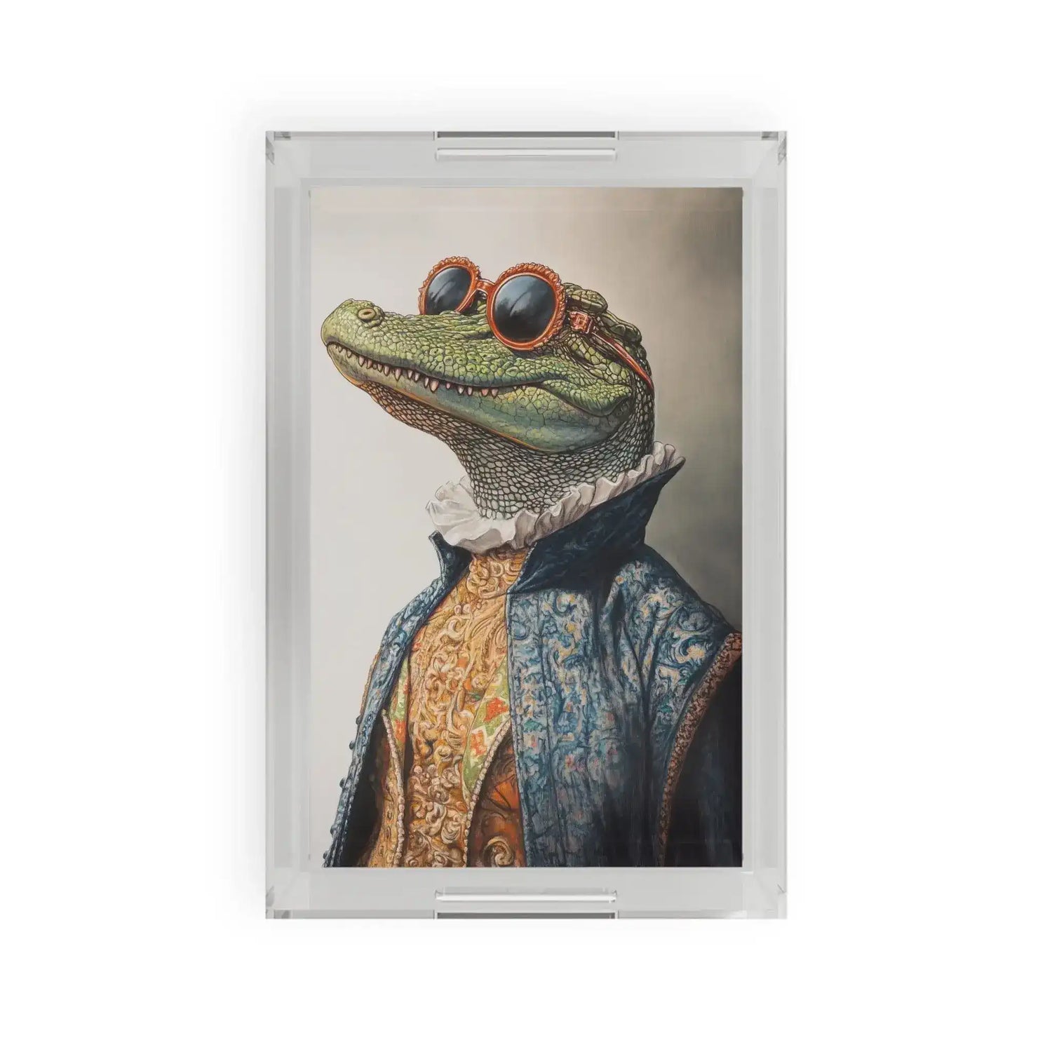Regal Reptile Renaissance Serving Tray front view featuring crocodile in orange-rimmed sunglasses and blue baroque jacket with white lace collar