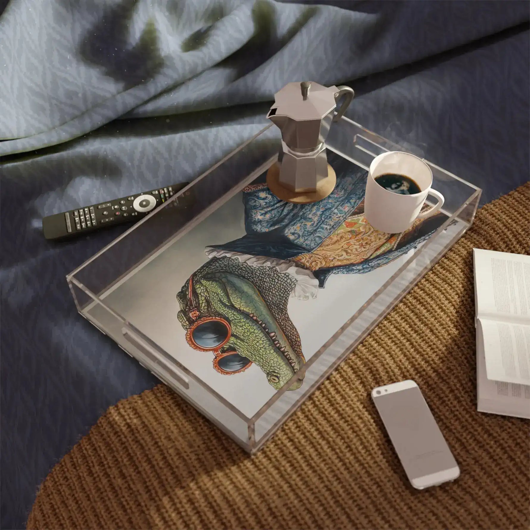 Regal Reptile Renaissance Serving Tray in lifestyle setting on jute rug with coffee cup and moka pot displayed on top