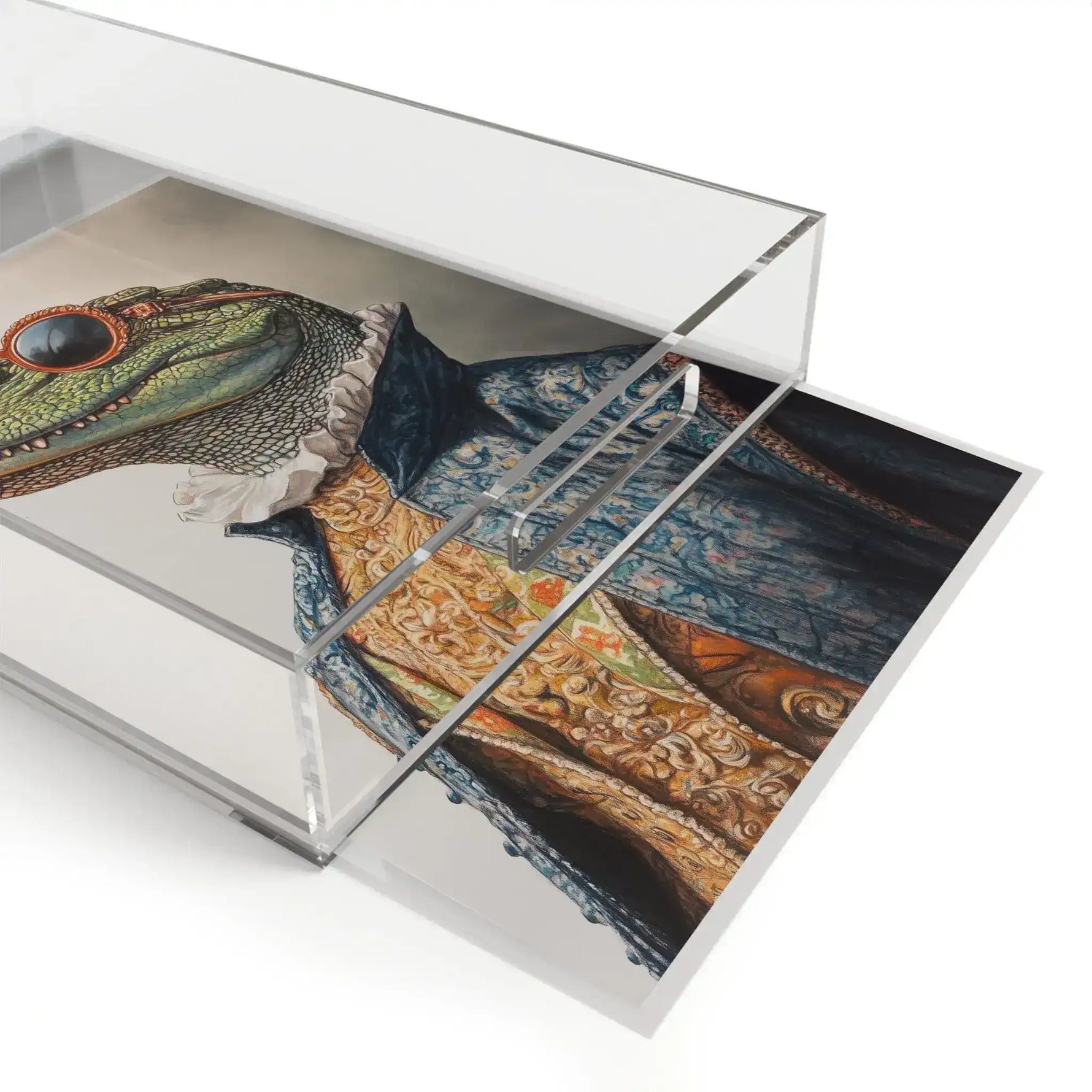 Regal Reptile Renaissance Serving Tray close-up side view showing crocodile print inside clear acrylic tray with handle