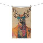Regal Stag in Couture Vintage Chic Cotton Kitchen Towel hanging on clothesline, full-length stag portrait in orange jacket and antlers