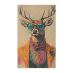 Regal Stag in Couture Vintage Chic Cotton Kitchen Towel flat lay, stag with antlers in orange jacket teal sunglasses and red bowtie