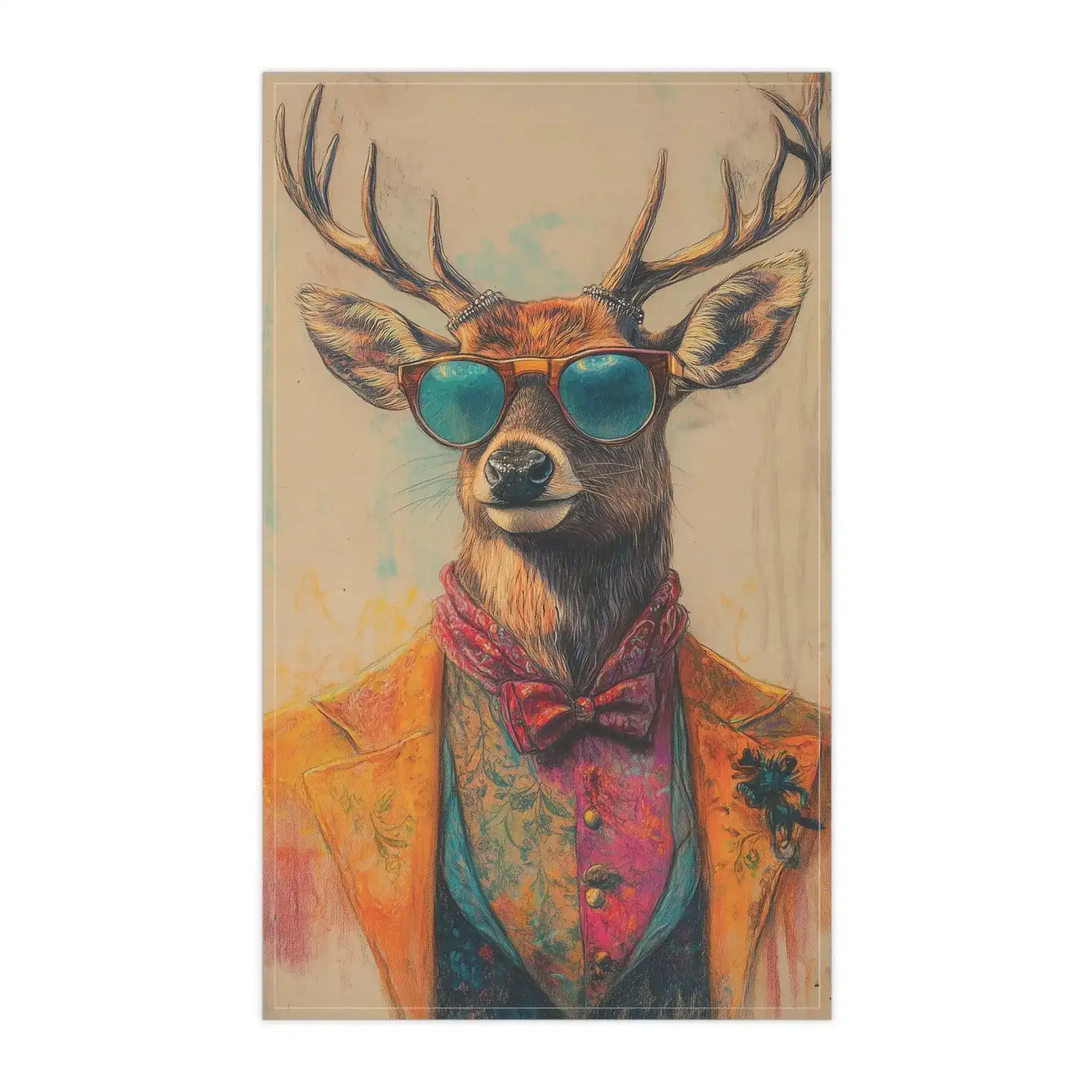 Regal Stag in Couture Vintage Chic Cotton Kitchen Towel flat lay, stag with antlers in orange jacket teal sunglasses and red bowtie