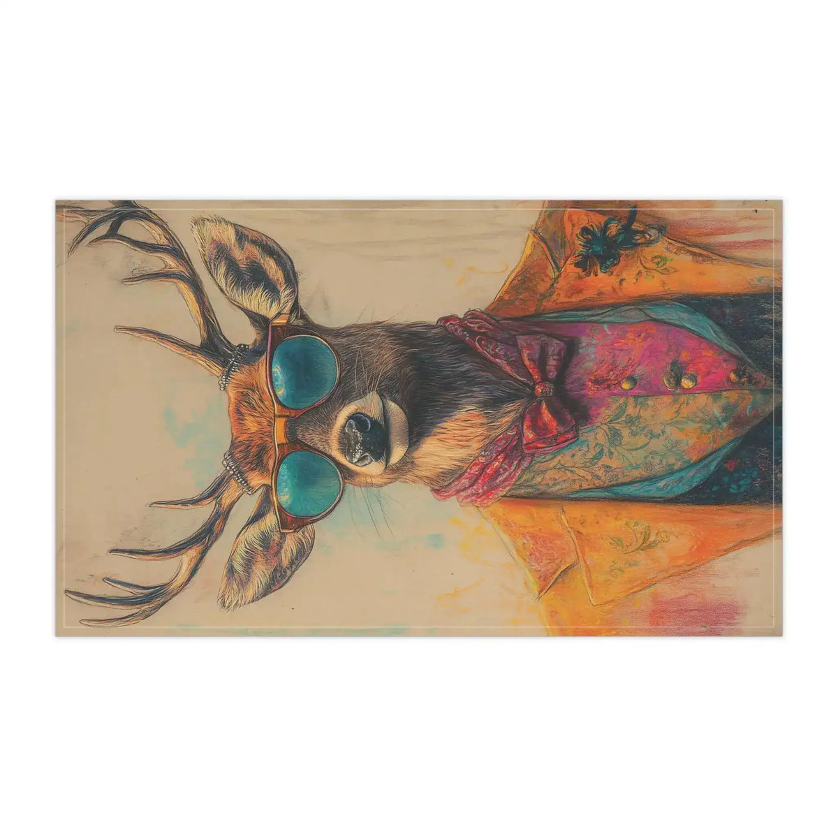 Regal Stag in Couture Vintage Chic Cotton Kitchen Towel horizontal flat lay, stag face and antlers in vibrant colorful couture outfit