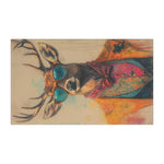 Regal Stag in Couture Vintage Chic Cotton Kitchen Towel horizontal flat lay, stag face and antlers in vibrant colorful couture outfit