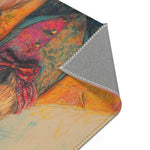 Regal Stag in Couture Accent Rug corner detail 3 — bowtie and chest area in pink orange teal, grey backing at edge