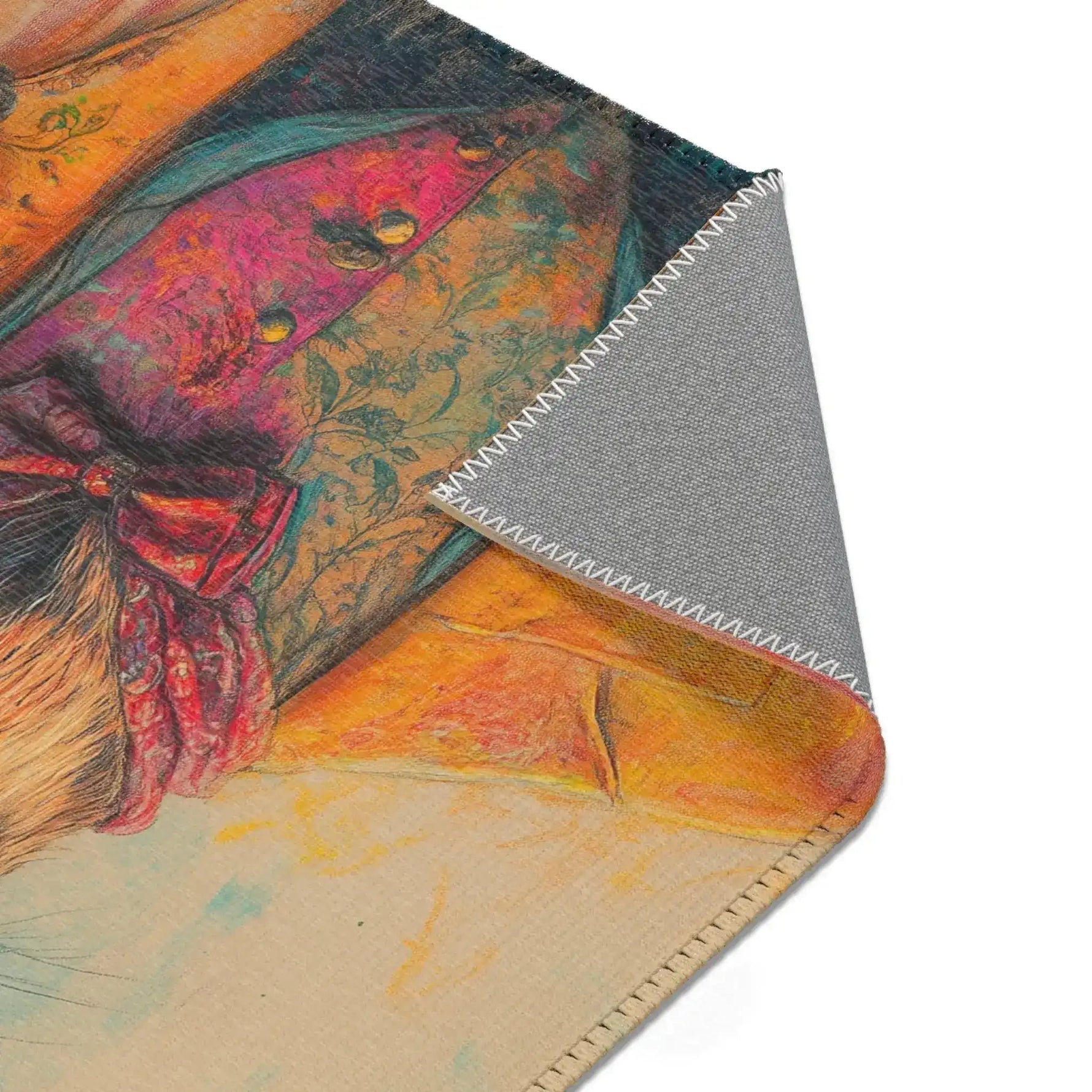 Regal Stag in Couture Accent Rug corner detail 3 — bowtie and chest area in pink orange teal, grey backing at edge