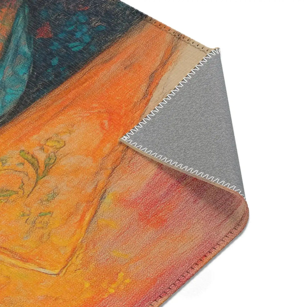 Regal Stag in Couture Accent Rug corner detail 5 — orange jacket body with teal dark accents, grey backing at edge