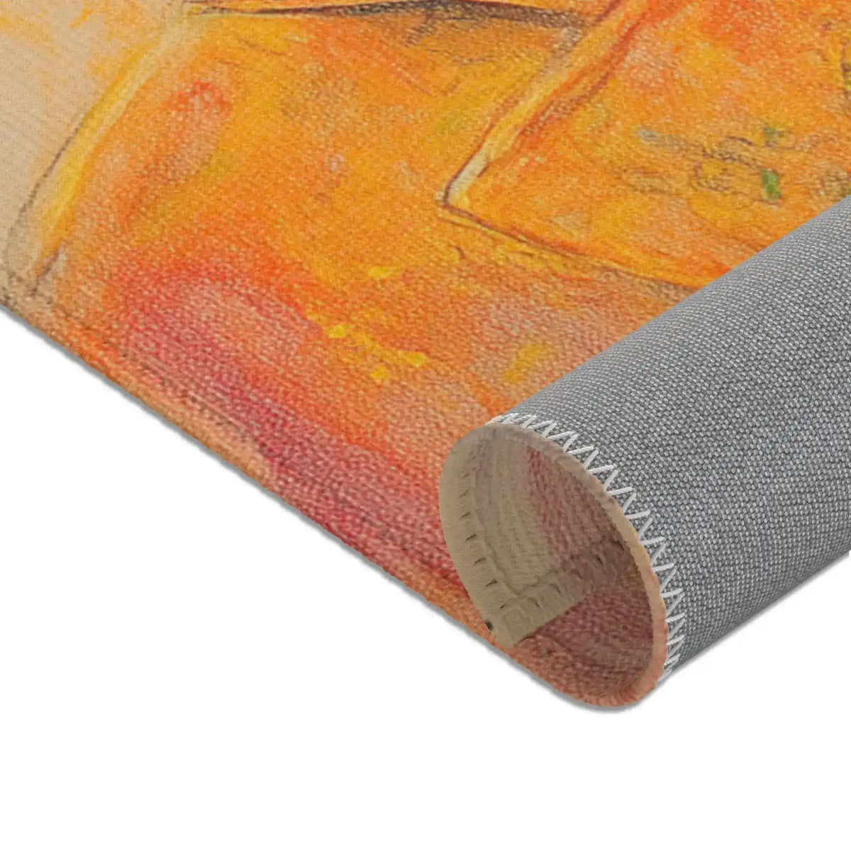 Regal Stag in Couture Accent Rug corner detail 6 — lower orange jacket section against grey non-slip backing