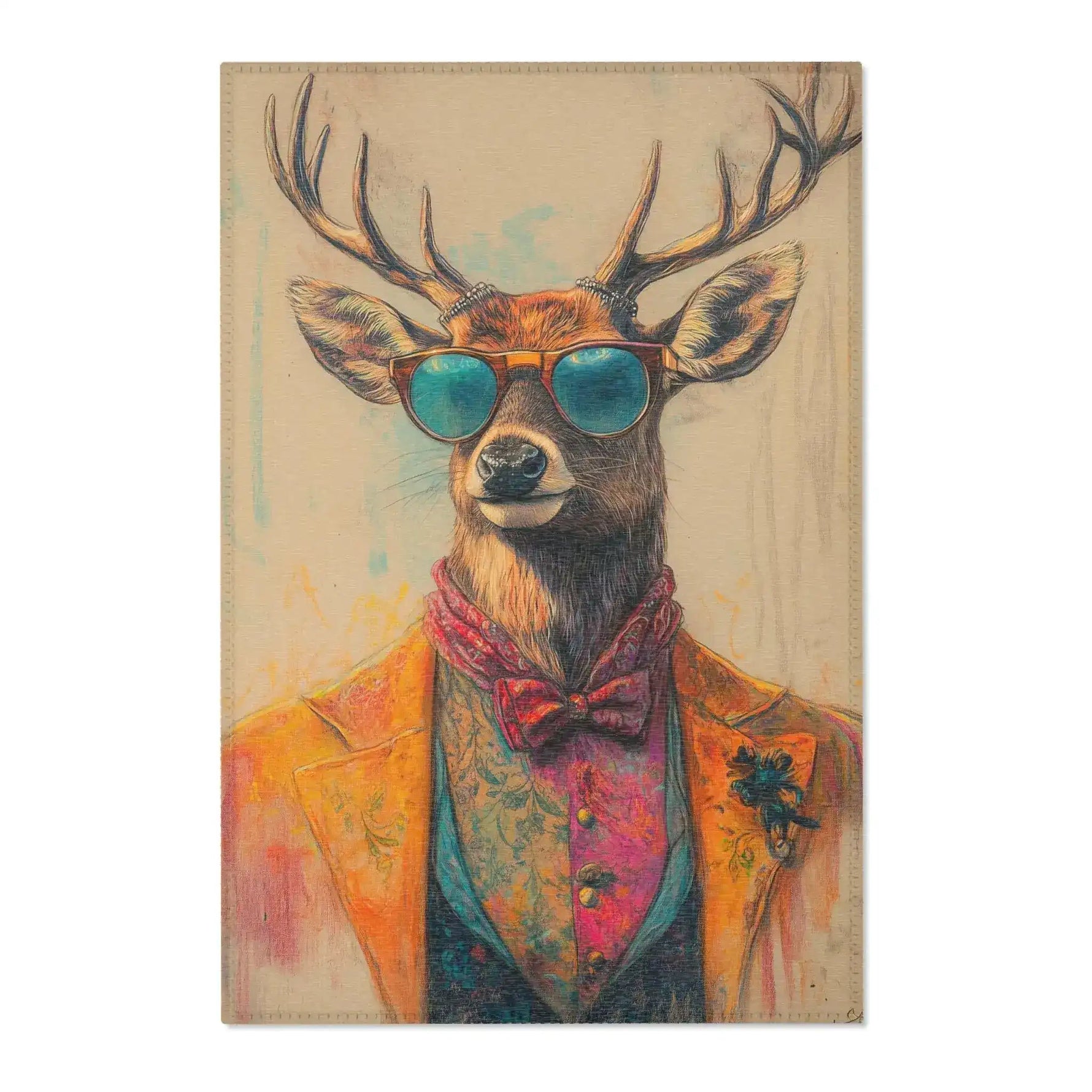 Regal Stag in Couture Accent Rug front view 2 — stag portrait in orange jacket, bowtie, teal sunglasses, white ground