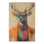 Regal Stag in Couture Accent Rug front view 3 — loose-cropped stag in orange jacket, bowtie and teal glasses, beige field
