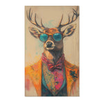 Regal Stag in Couture Accent Rug front — dapper stag in orange jacket, bowtie, teal sunglasses on beige