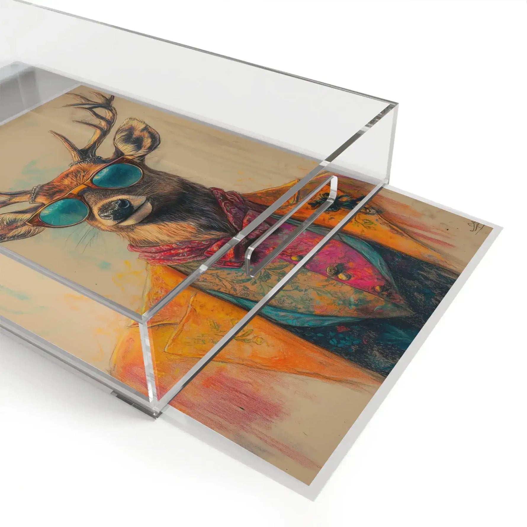 Angled close-up of Regal Stag in Couture serving tray, stag face and colorful patchwork jacket detail visible through clear acrylic edges