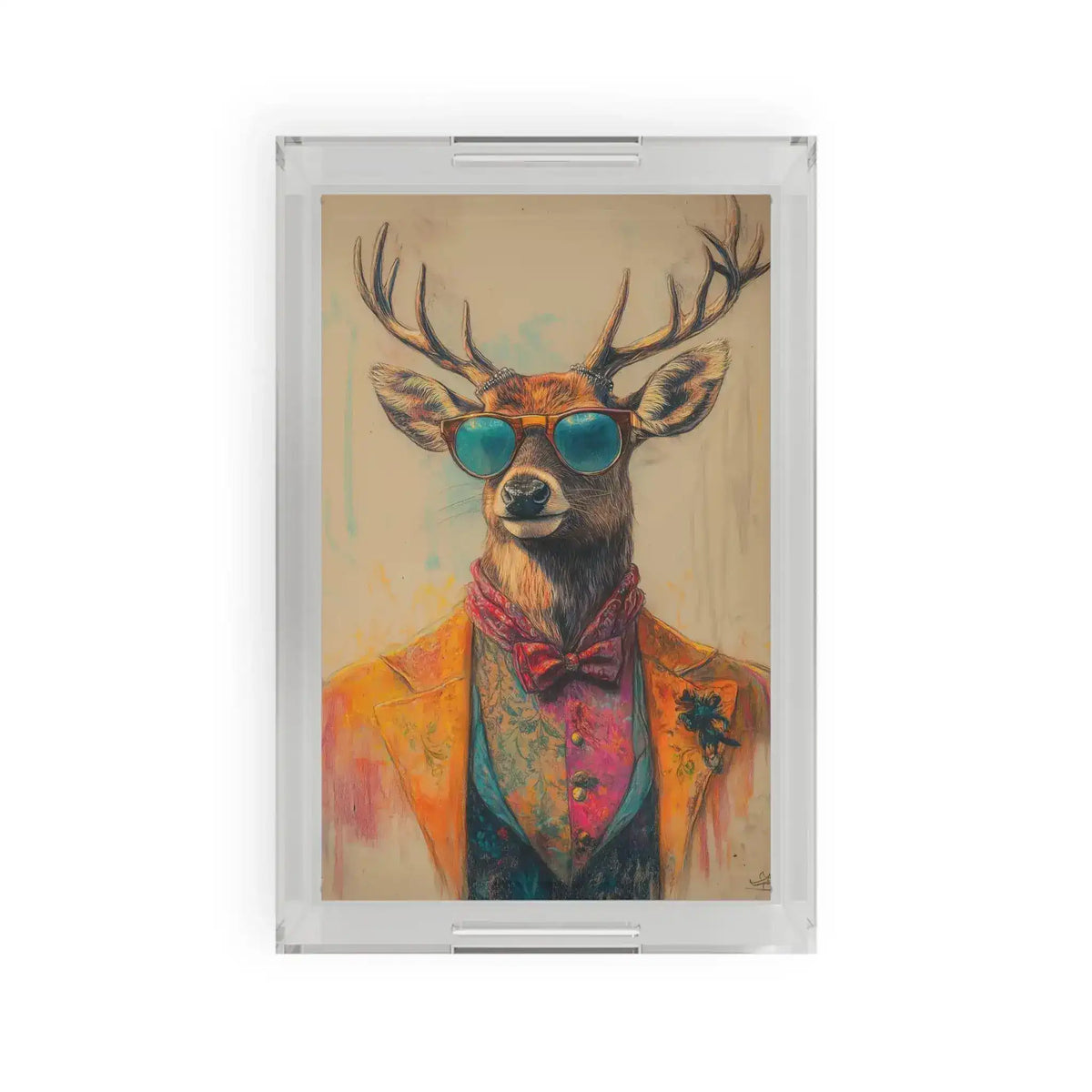 Clear acrylic Regal Stag in Couture serving tray with stag wearing teal sunglasses, red bow-tie, and vibrant orange jacket on tan background