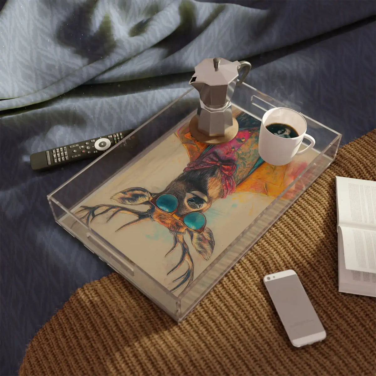 Regal Stag in Couture serving tray styled on bed ottoman with moka pot and coffee cup, acrylic tray with colorful stag portrait