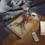 Regal Stag in Couture serving tray styled on bed ottoman with moka pot and coffee cup, acrylic tray with colorful stag portrait