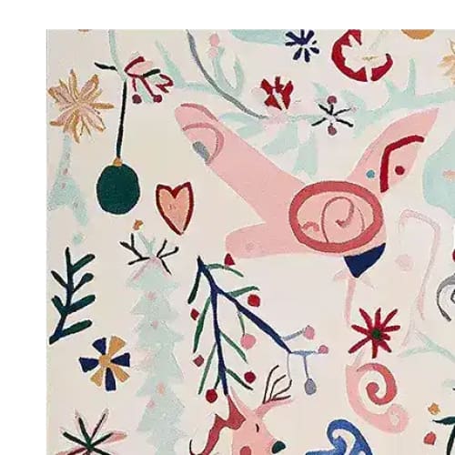 This vibrant area rug, titled 'Reindeer Play Parade Hand Tufted Rug', features a whimsical design with playful abstract reindeer and festive motifs. The wool rug is perfect for adding a touch of charm to your living room decor. Ideal for those seeking unique and colorful area rugs for the living room.
