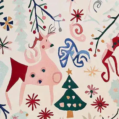 Bright and festive Reindeer Play Parade area rug featuring a charming wool rug design with playful reindeer and holiday motifs. Perfect for adding a cheerful touch to your living room, this hand-tufted area rug showcases vibrant colors and intricate details, making it an ideal choice for area rugs for living room settings.