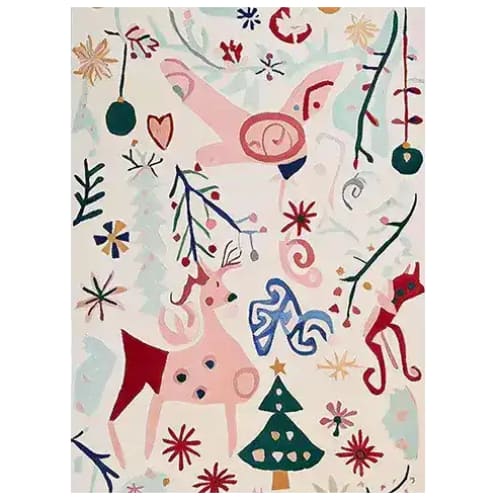 Vibrant and whimsical Reindeer Play Parade Hand Tufted Area Rug featuring playful reindeer and festive motifs. Perfect for adding a touch of holiday cheer to your living room, this wool rug brings warmth and style to any space. Ideal for those seeking unique area rugs for living room decor.