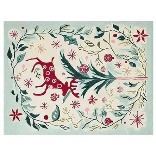 A whimsical hand-tufted area rug featuring a reindeer and star pattern, crafted from wool. This charming design is perfect for adding a playful touch to your living room. Ideal as an 8x10 rug, it combines vibrant colors and unique motifs, making it a standout piece among rugs for living rooms.