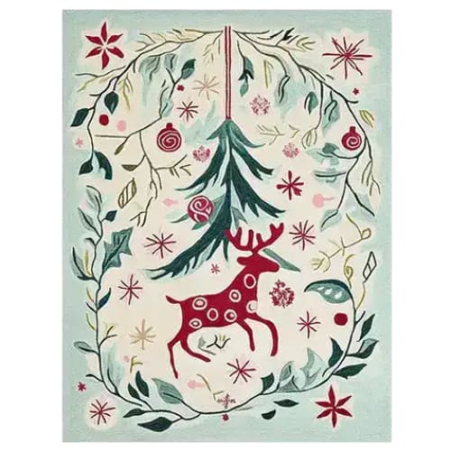 A beautifully crafted area rug featuring a whimsical design with a red reindeer surrounded by festive stars and greenery. This wool rug is perfect for adding a touch of charm to your space, making it an ideal choice for living room rugs in 8x10 dimensions.
